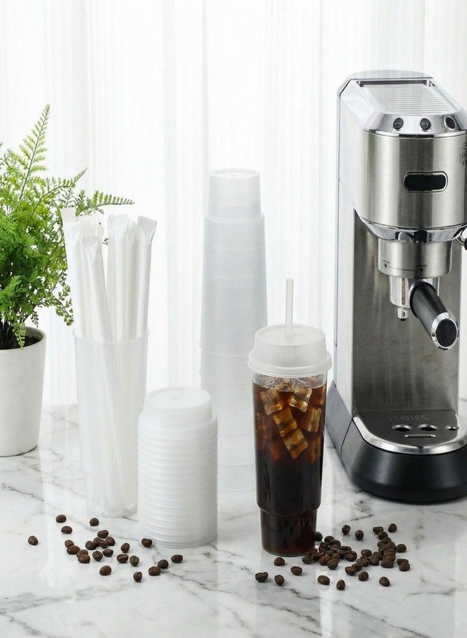 Ferrochef 25 Set 22 oz Plastic Ribbed Cups with Lids and Straws Disposable Plastic Ribbed Iced Coffee Cup for Cold Beverage Juice Smoothie Crystal for Coffee Shops Party Catering - Image 3
